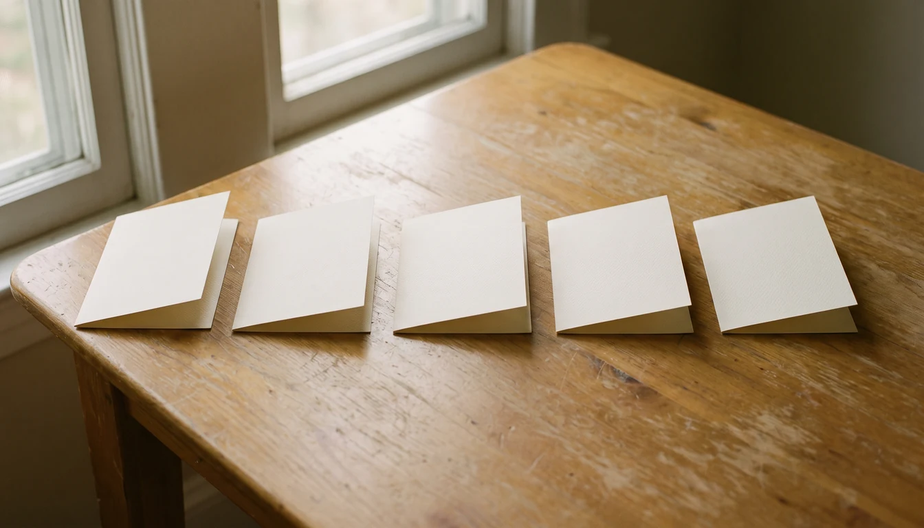 Five blank folded cream cards standing in a loose row on a bare wooden table in clean daylight