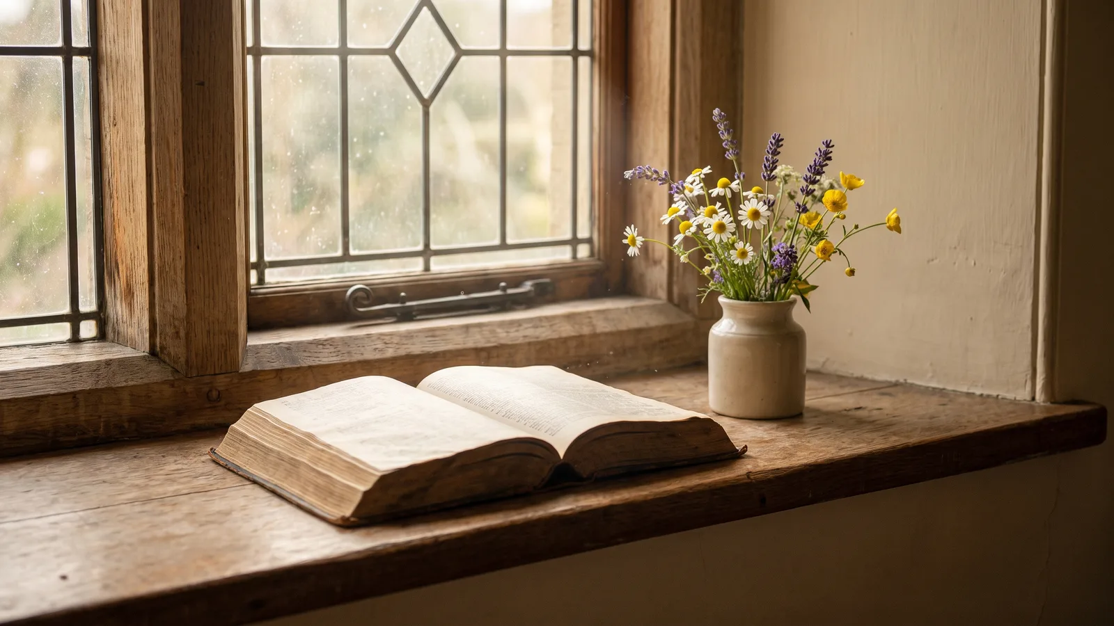 An open prayer book on a sunlit windowsill with a small vase of wildflowers