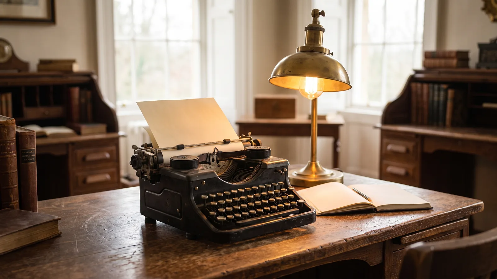 An old typewriter with a blank page under a warm desk lamp