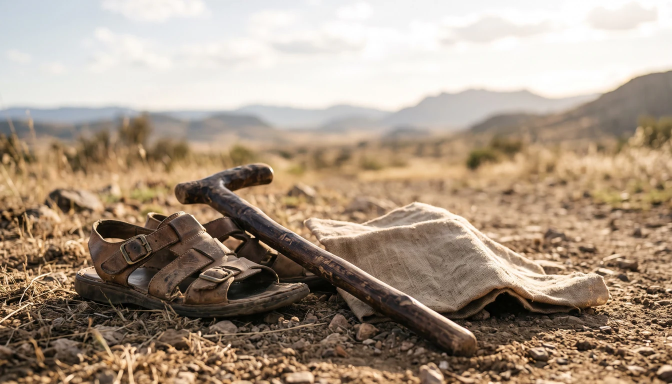 A worn leather travelling sandal and a wooden staff on dry ground beside a folded blank cloth map, open horizon behind