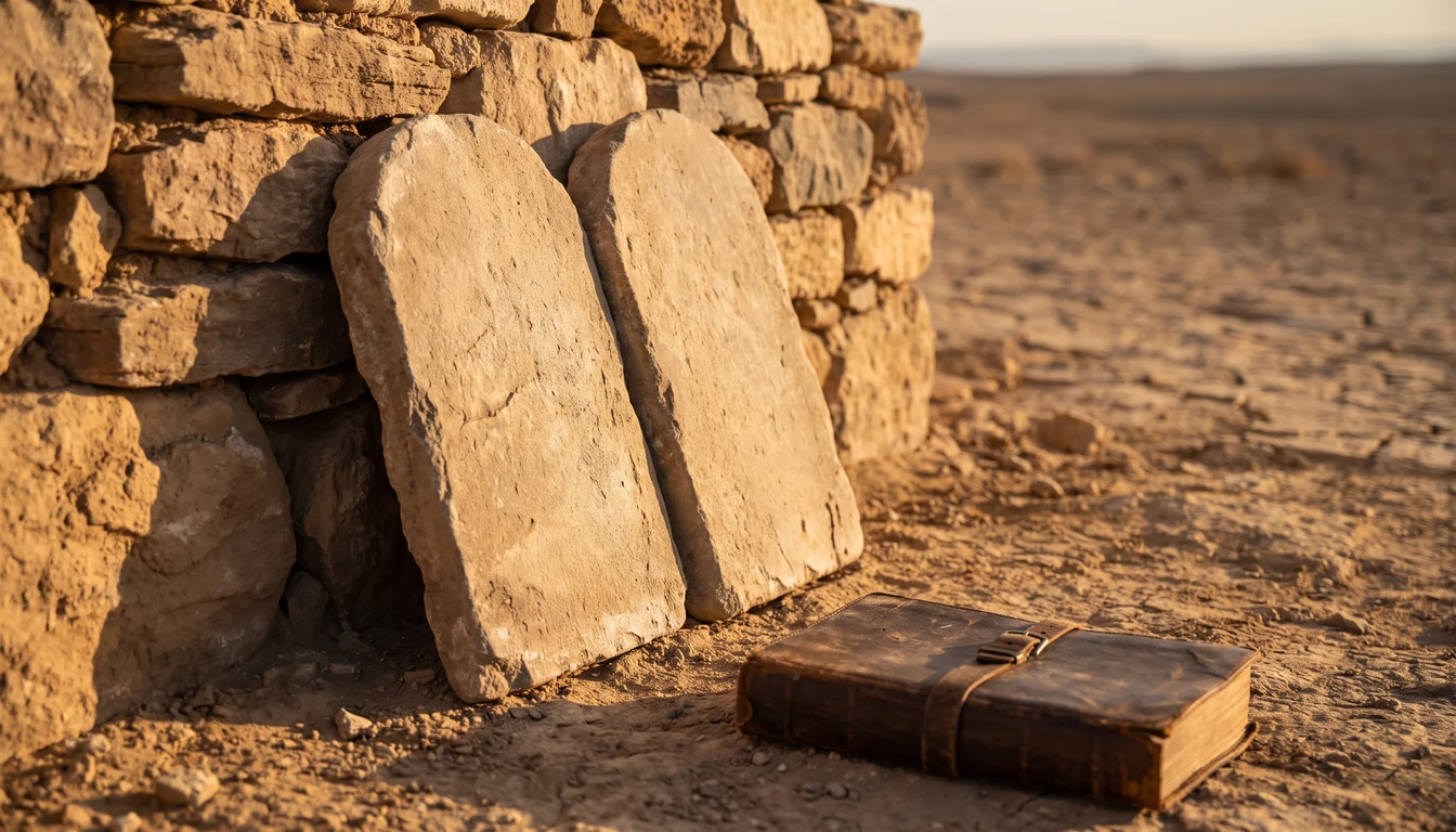 Two blank stone tablets leaning against a stone wall beside a closed book in low desert light