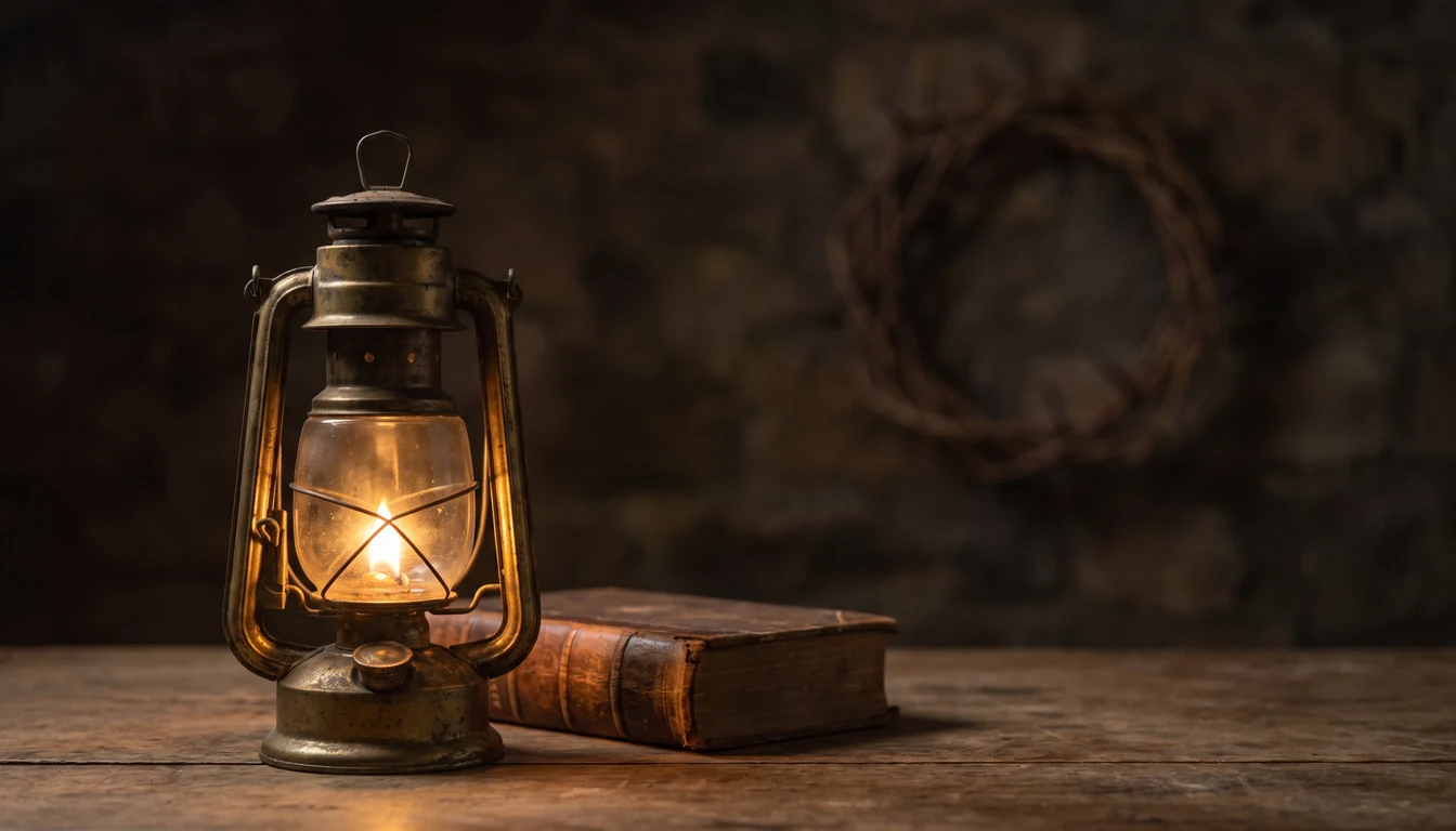 A lit brass lantern in the foreground, a crown of thorns far out of focus behind it, beside a closed book