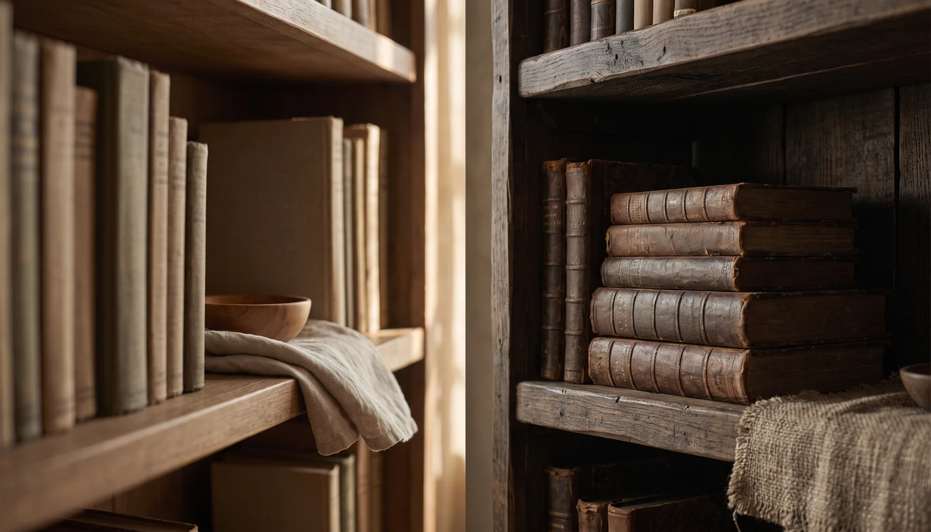The right half of the same bookshelf with wood and linen cloth in warmer, softer light