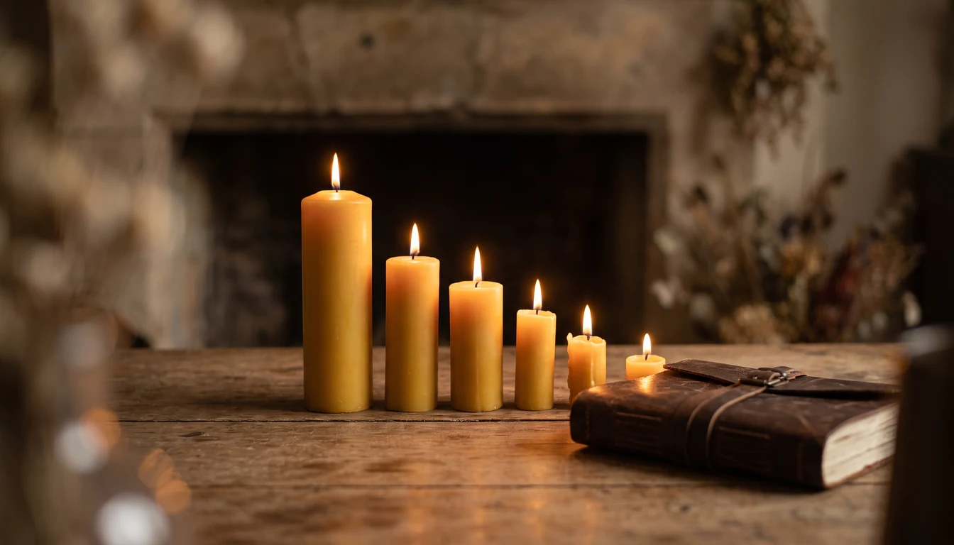 Seven candles of descending height standing beside a closed book on warm wood