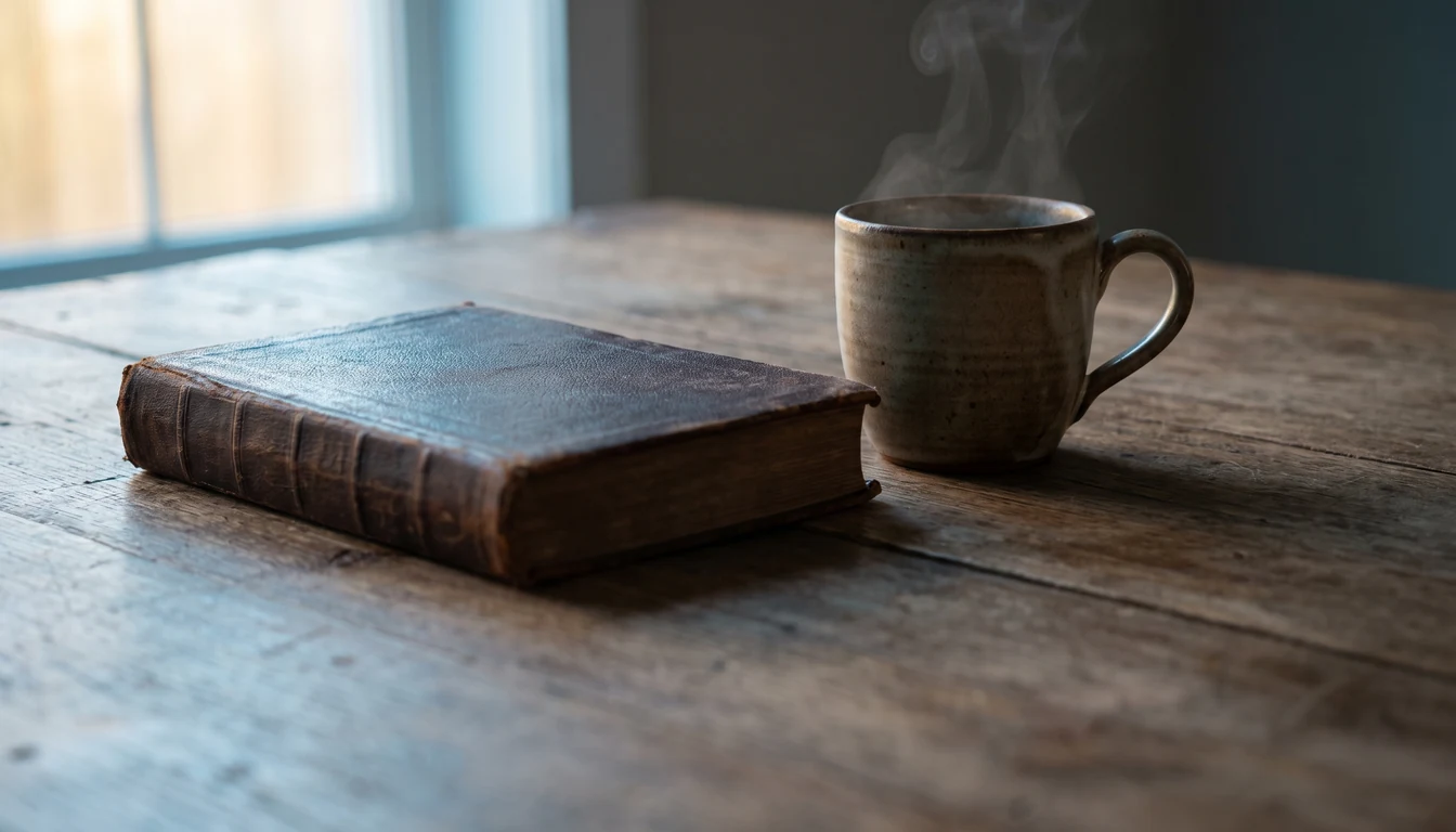 A closed Bible beside a steaming clay cup in cool early-morning light