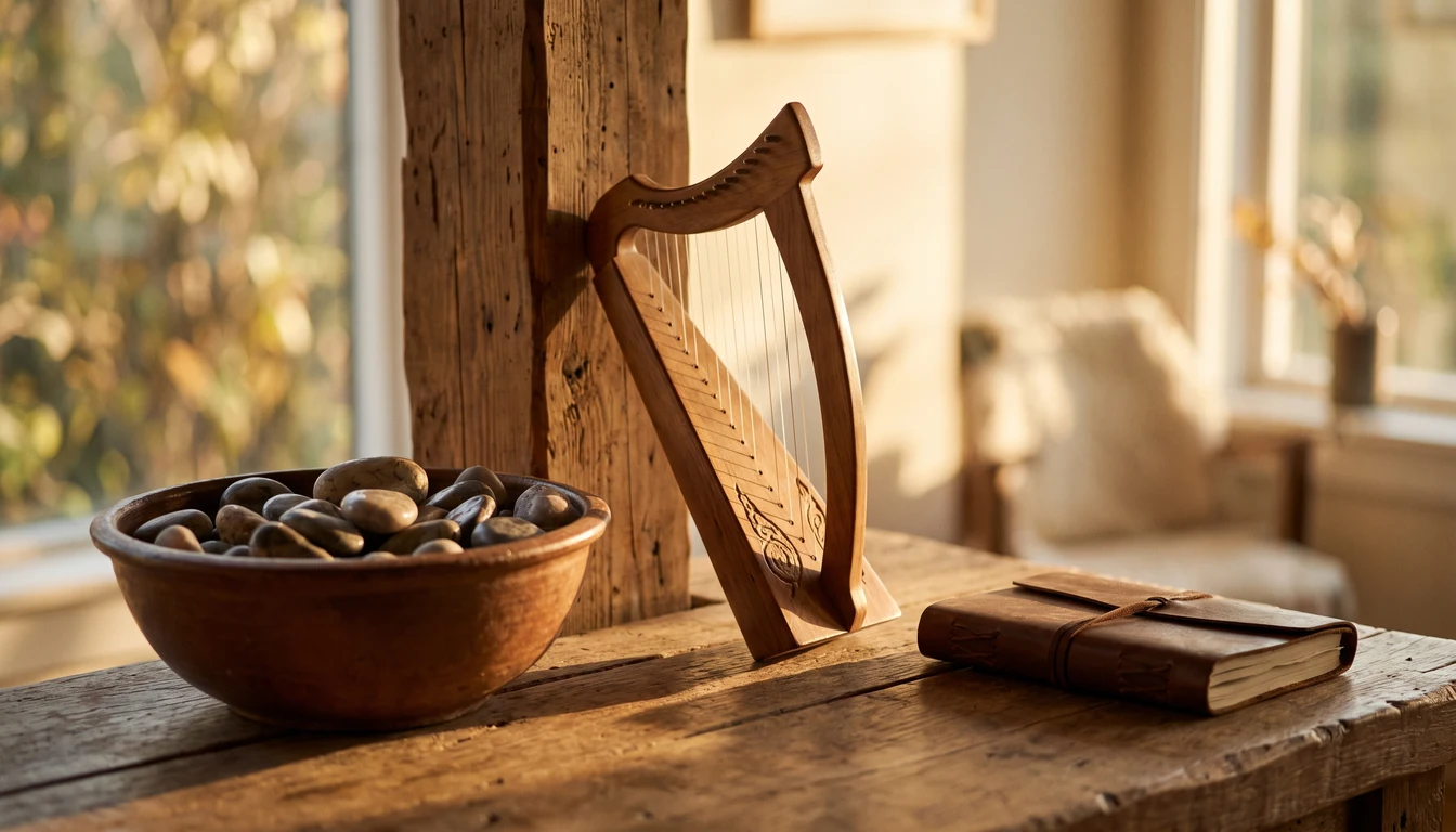 A clay bowl of smooth pebbles and a small wooden harp beside a closed book in warm evening light
