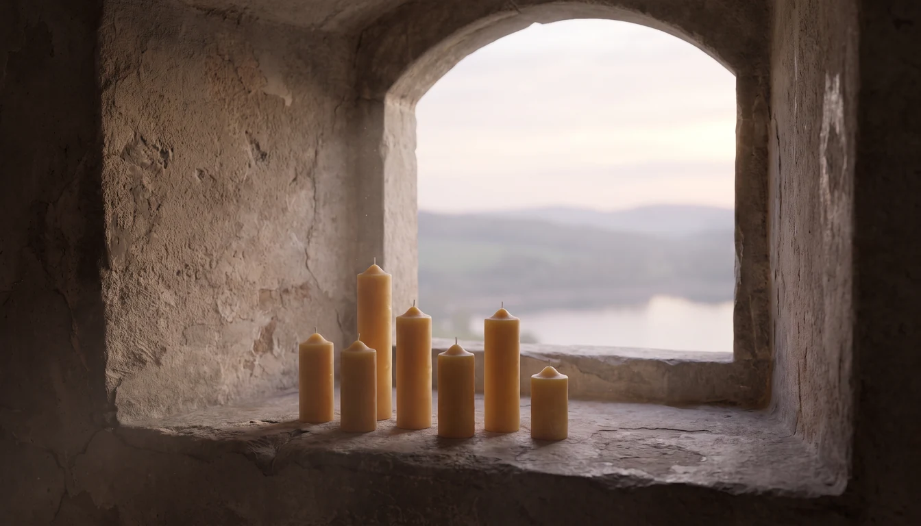 Dawn light entering a high window above seven unlit candles standing in a row on a stone ledge