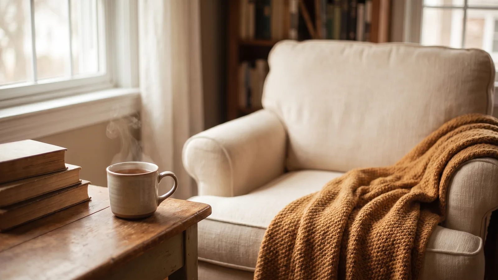 A cozy reading nook with a soft armchair, folded blanket, and a cup of tea