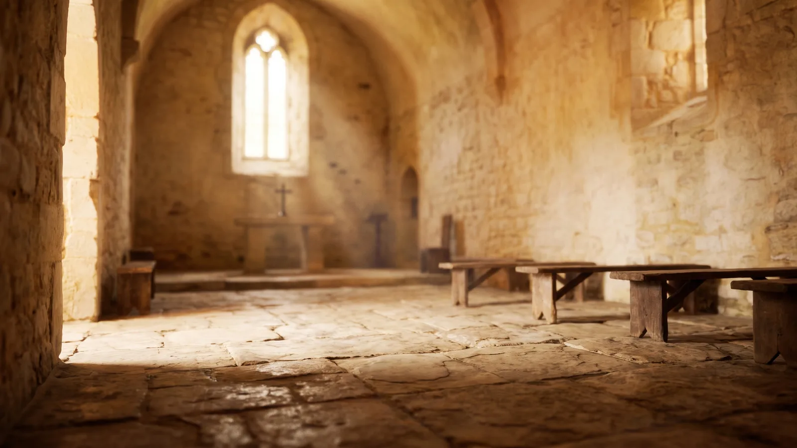 The empty stone interior of a small quiet chapel with light through a narrow window