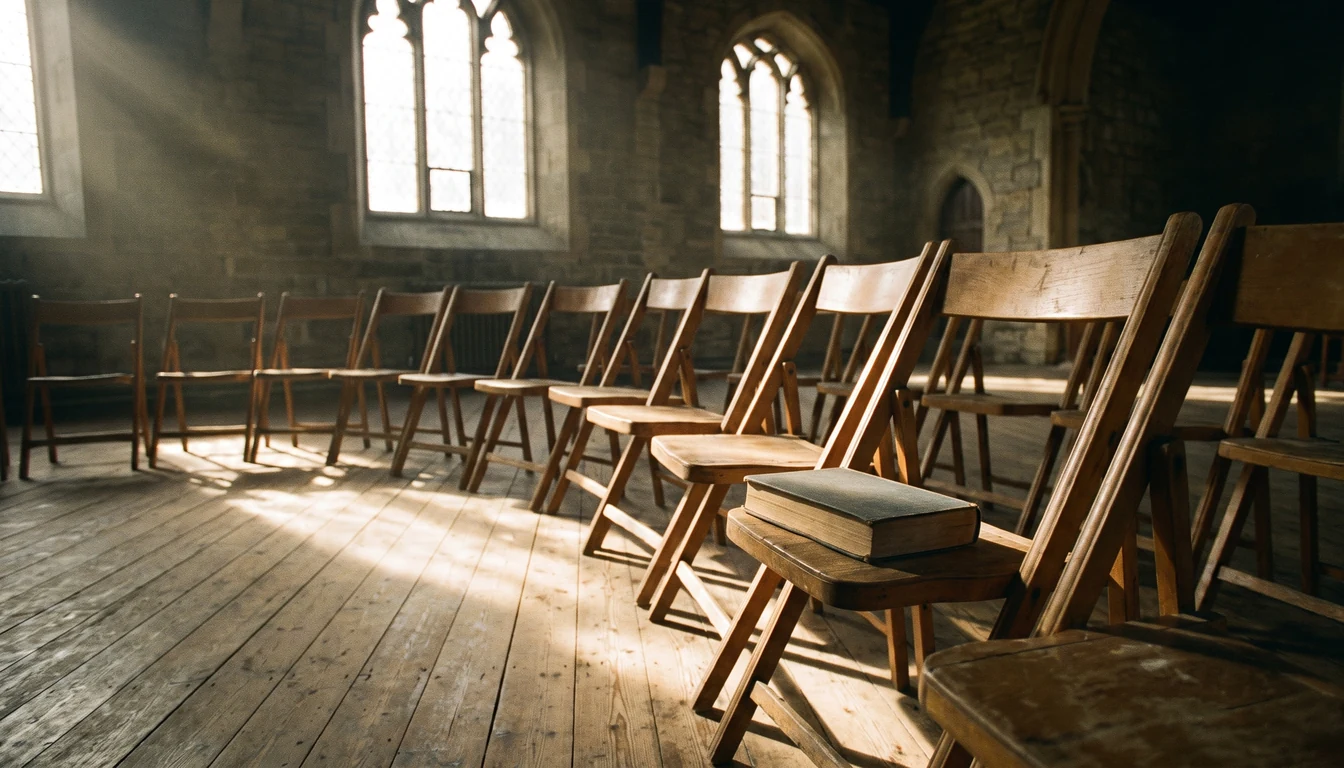 A semicircle of empty wooden chairs in a room with tall windows, morning light falling across them, one closed hymnal resting on a seat