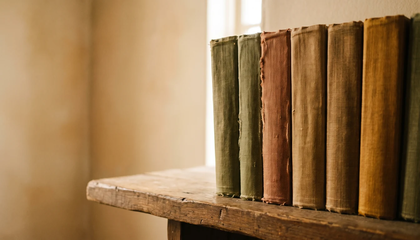 A short row of well-used cloth-bound hymn books on a plain wooden shelf, spines worn soft and unlettered