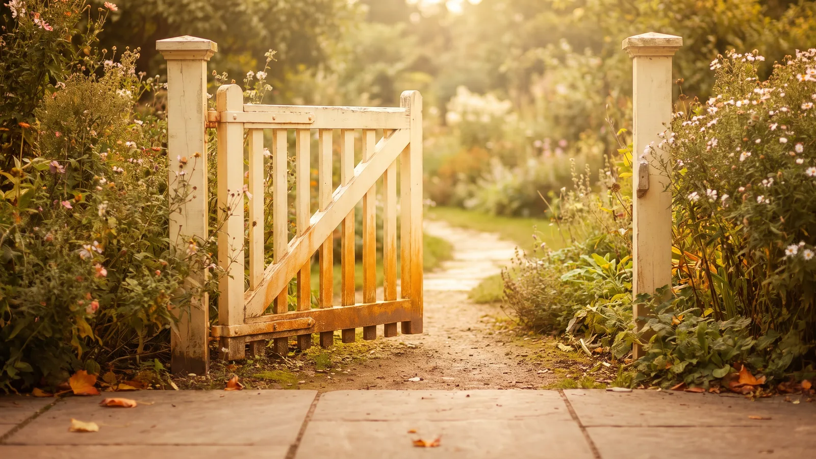A wooden garden gate standing open onto a sunlit path leading into a warm garden