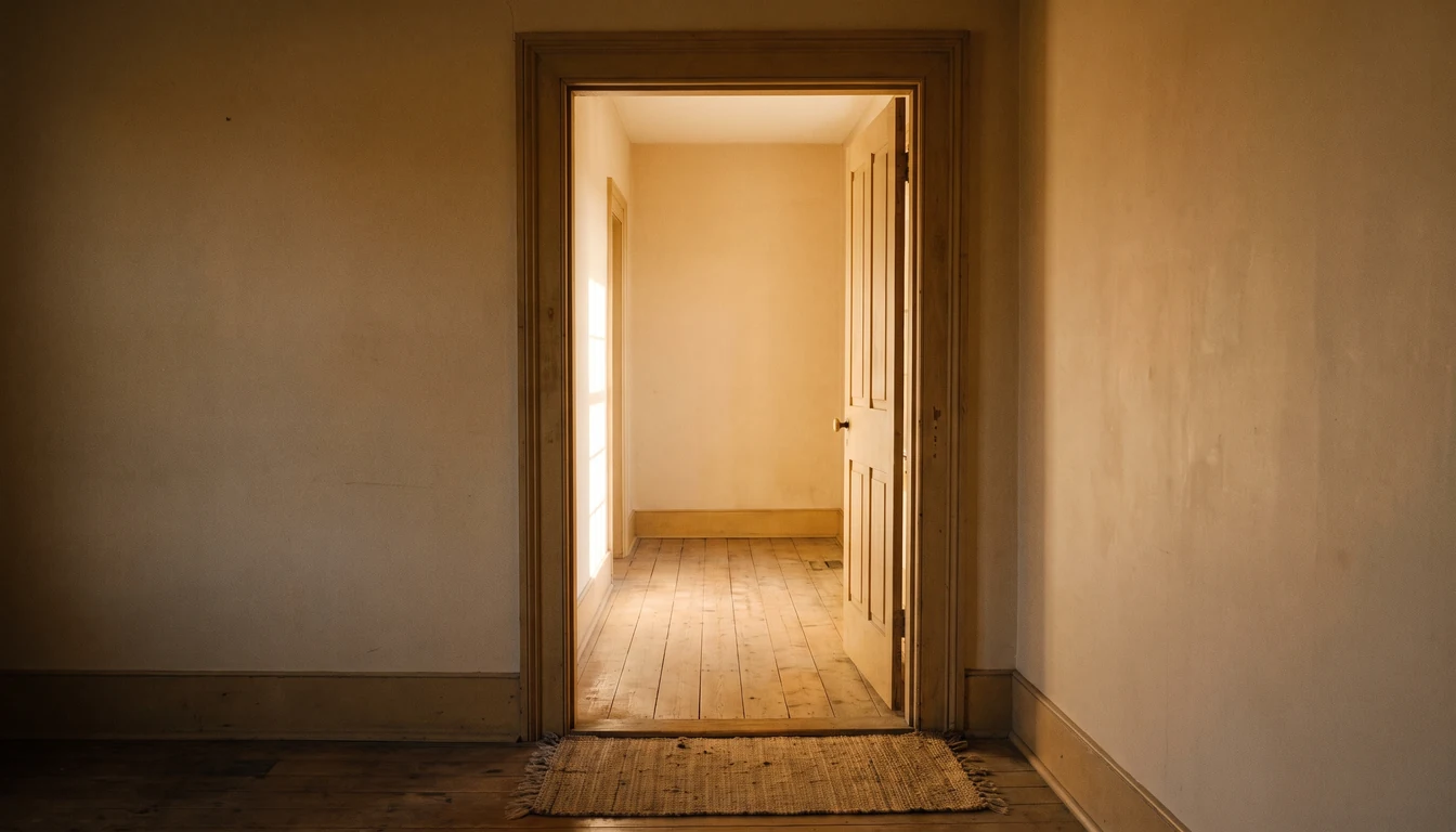 A plain interior door standing open onto a bare bright hallway, full morning light flooding the floor beyond