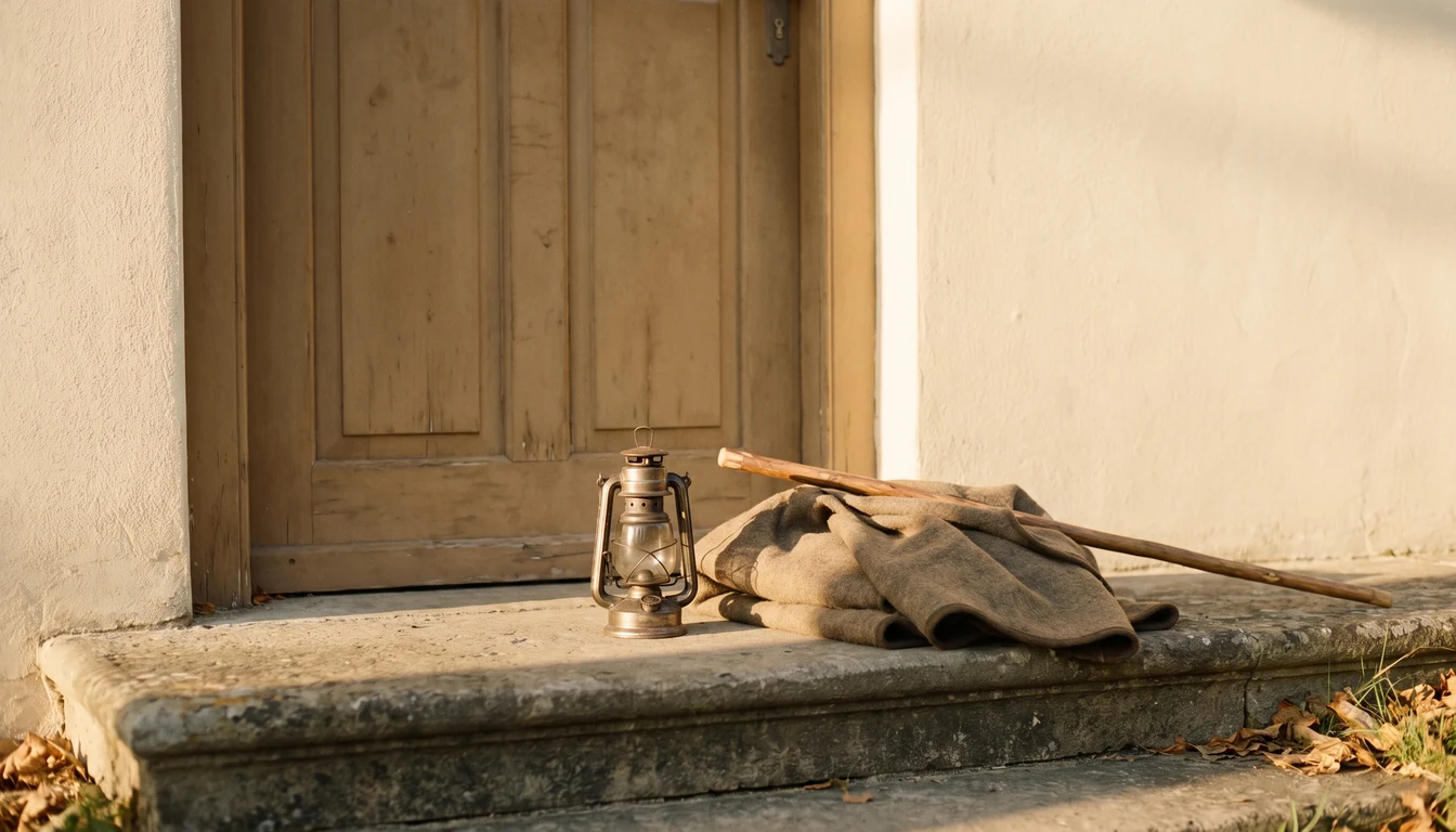 An unlit oil lantern on a worn stone doorstep beside a folded travelling cloak and a plain walking staff