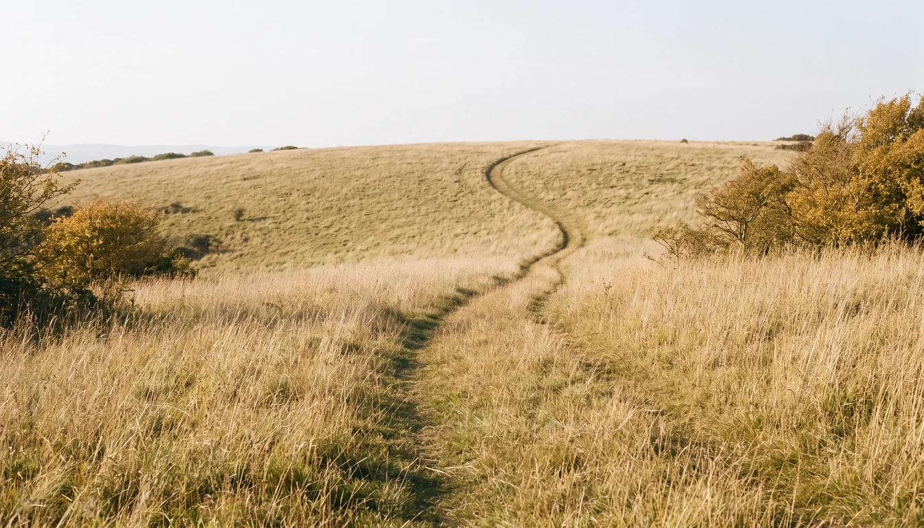 A wide grassy hillside in clear daylight with a single narrow sheep track worn through it, curving over the rise