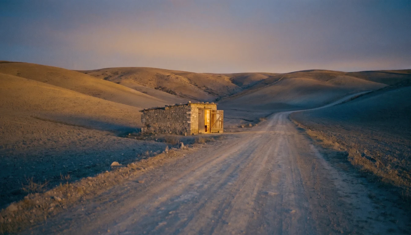 A long dust road running toward a low stone outbuilding with its door standing open, warm light faint within, at dusk