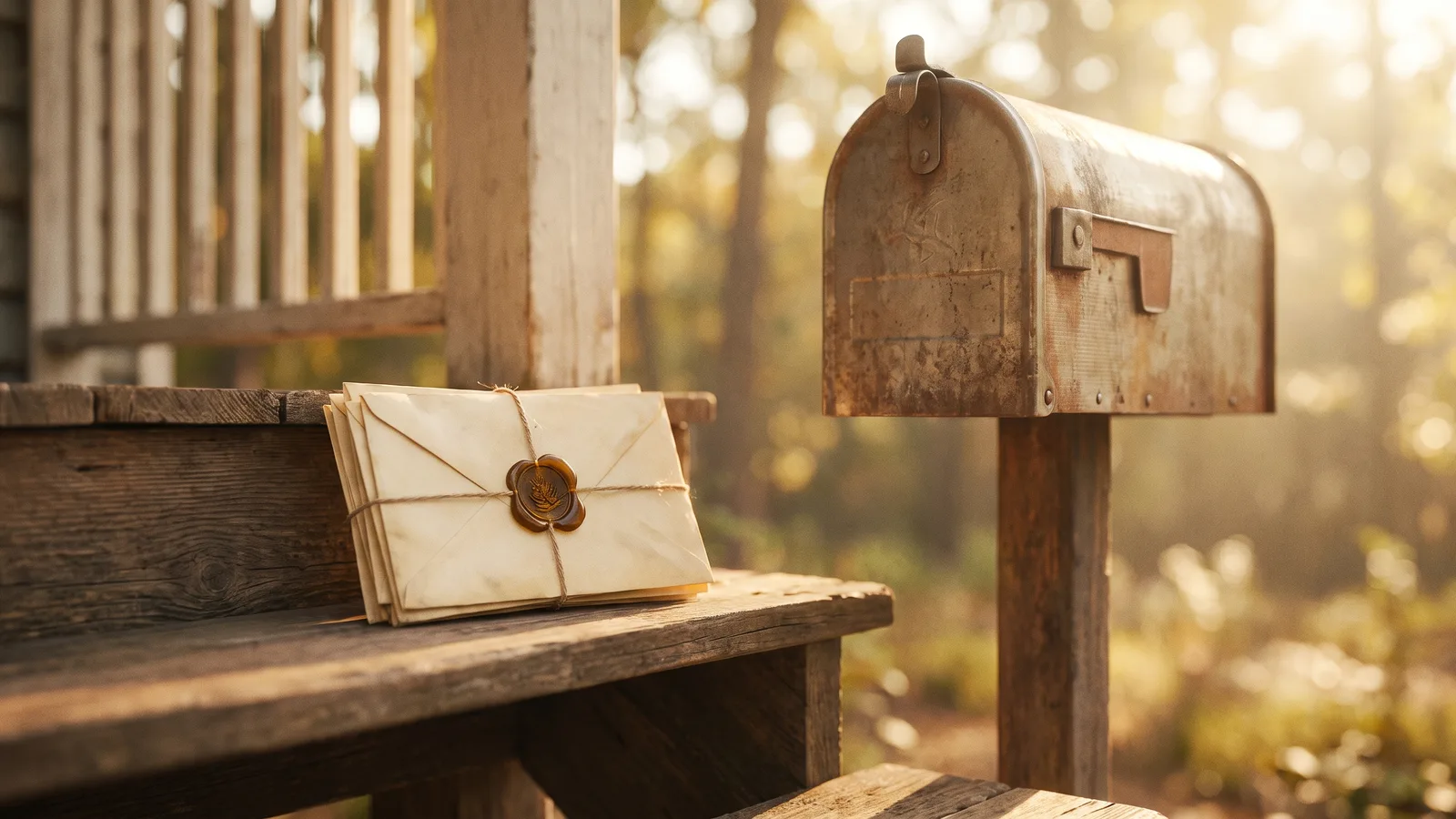 A small stack of wax-sealed envelopes resting on a wooden porch step beside a mailbox