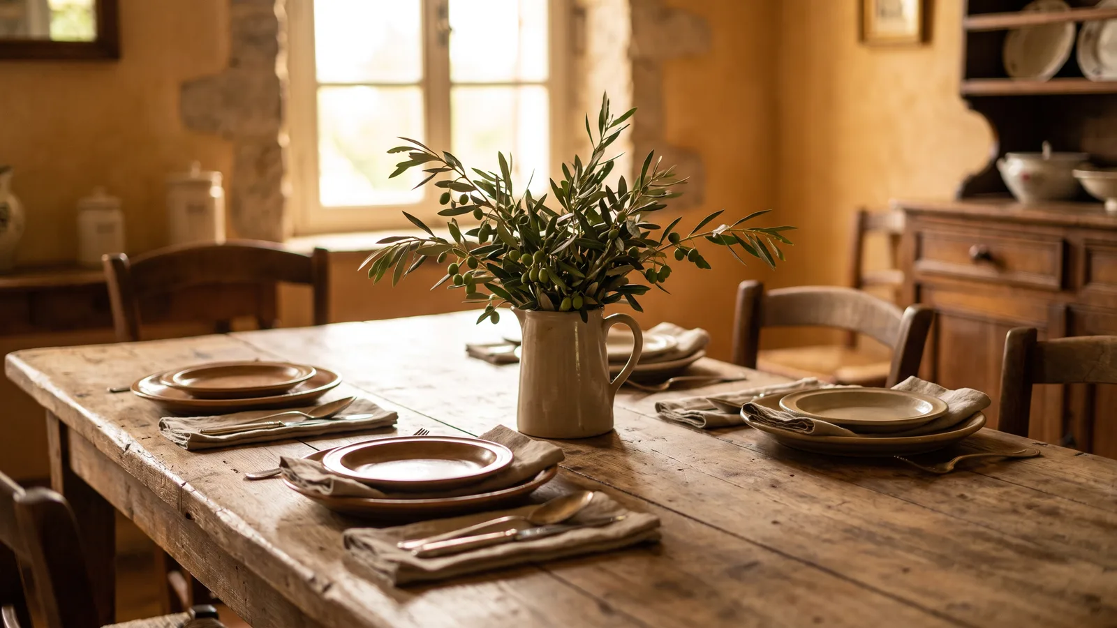 A rustic wooden family table set simply with olive branch sprigs as a centerpiece