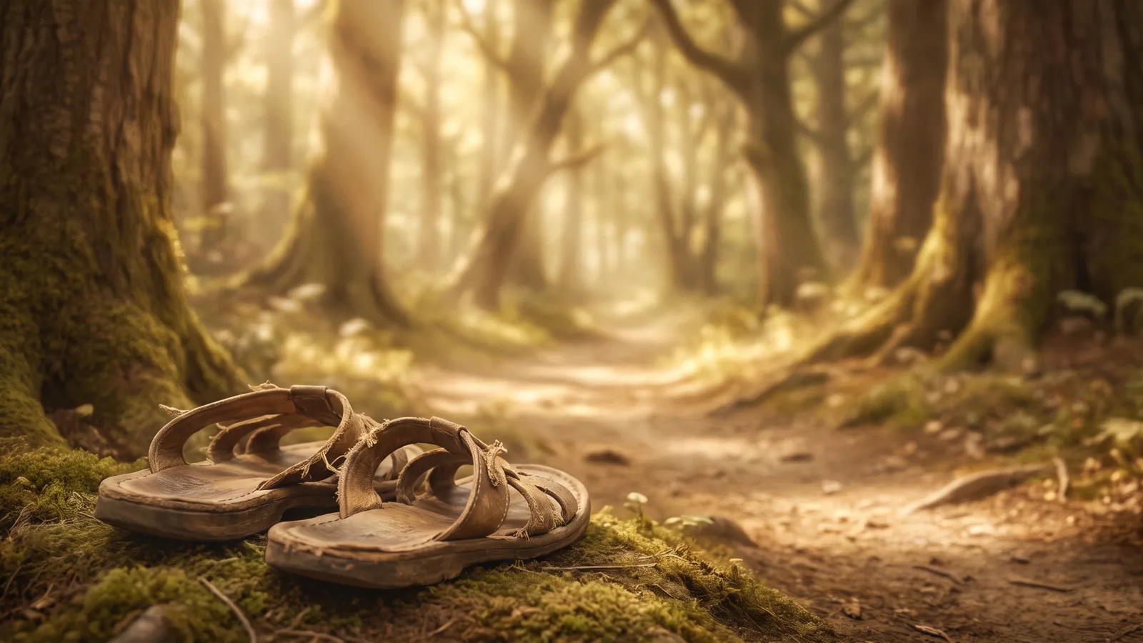 A pair of worn leather sandals resting at the start of a sunlit forest trail