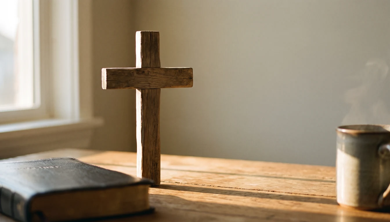 A small hand-made wooden cross standing at the centre of a worn oak table, a closed leather book out of focus beside it in dawn light