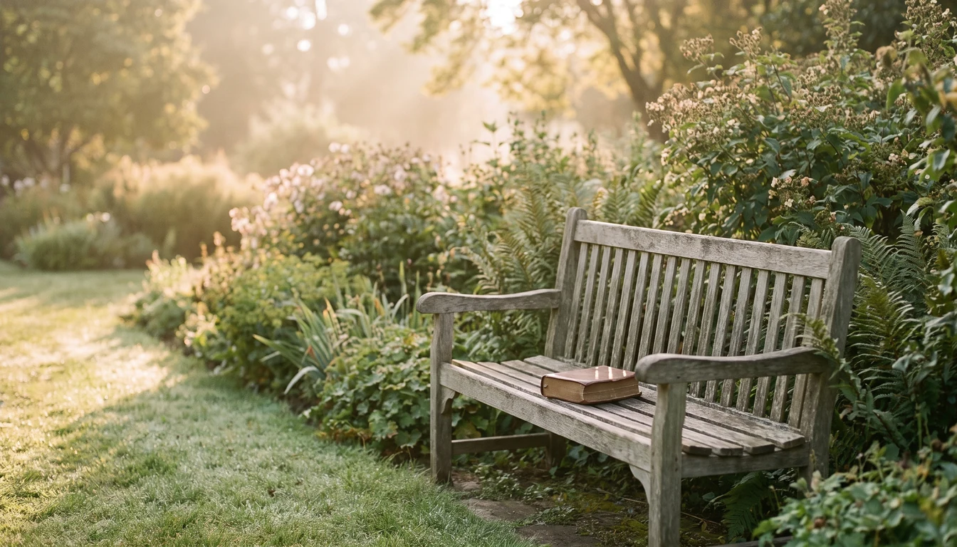 A weathered wooden bench at the edge of a quiet garden path in soft early light, one closed book on the seat