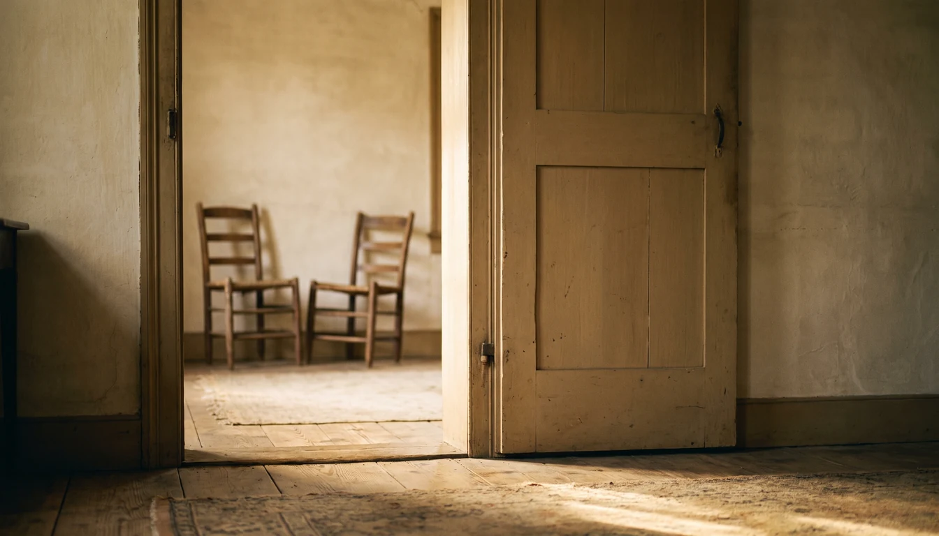 A plain interior doorway seen from an adjoining room with two simple wooden chairs turned toward one another