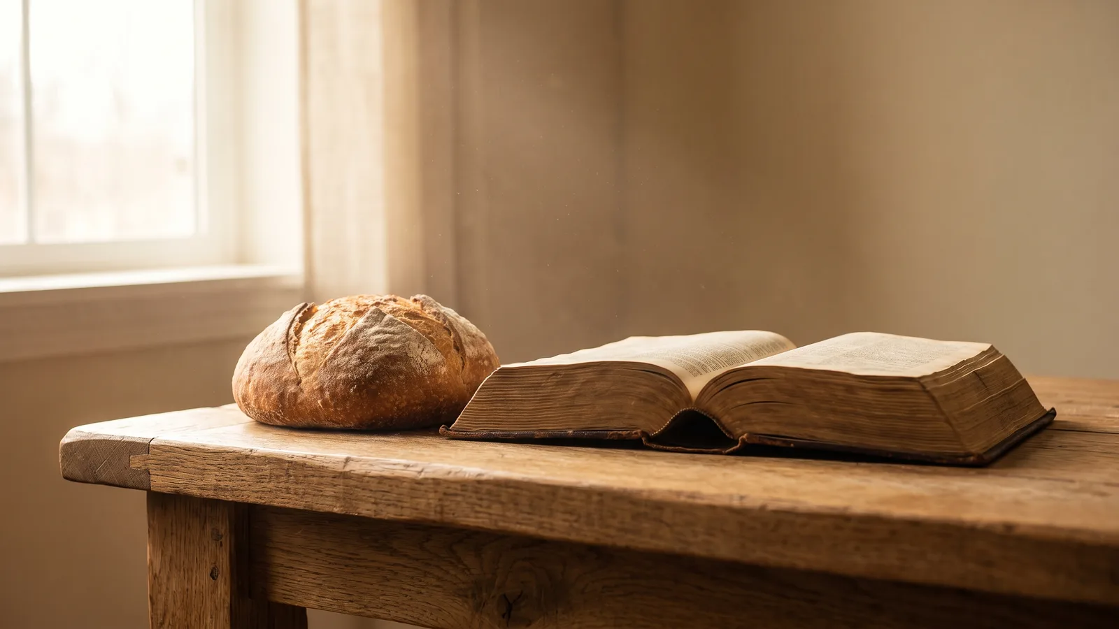 A simple loaf of fresh bread beside an open old Bible on a rustic wooden table