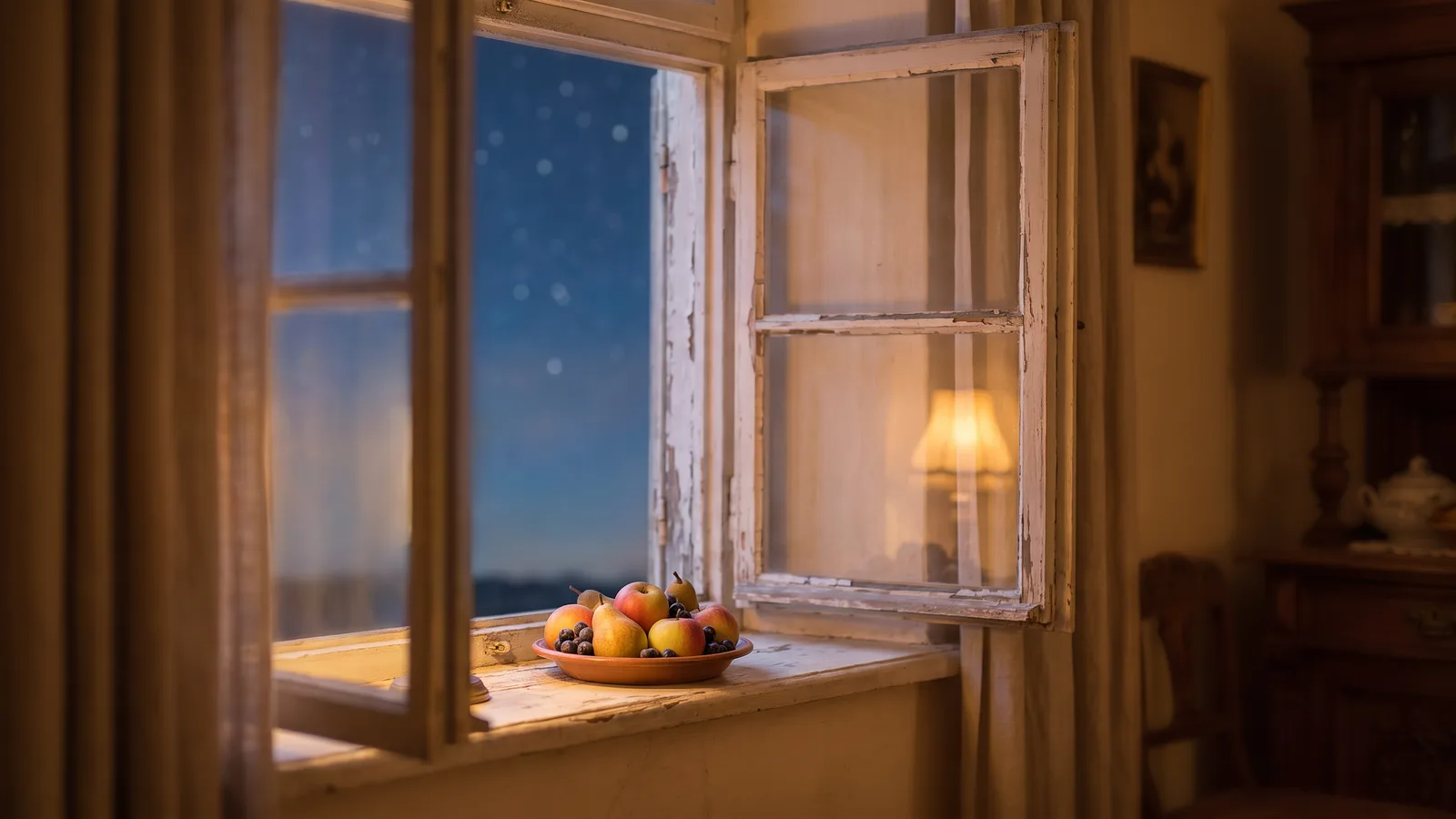 An old window open to a twilight sky filled with stars, a dish of harvest fruit on the sill