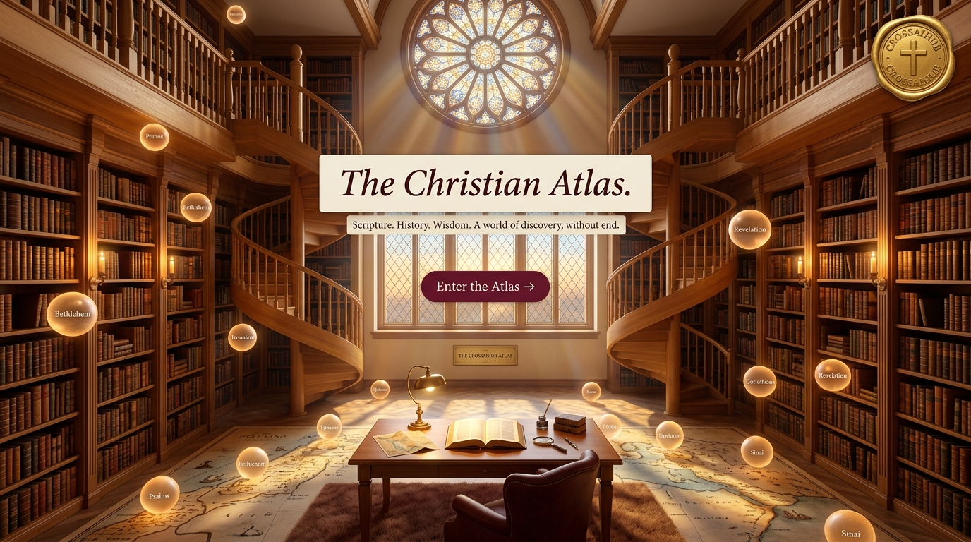 A three-story cathedral-scale atrium library. Honey-oak spiral staircase. Floor-to-ceiling walnut bookshelves. Rose stained-glass window at the top casting warm gold beams. A cherry-wood reading table centered with an open KJV Bible. Floating luminous verse-orbs drift among the shelves.