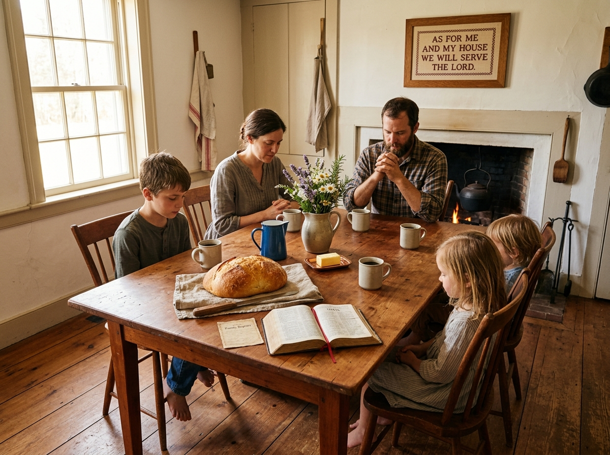 A warm cherry-wood kitchen with a trestle table set for five: fresh loaf of bread, five steaming ceramic mugs, wildflowers, and an open King James Bible at the head of the table.