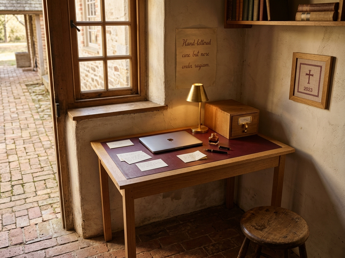 A small workshop with a plain oak writing desk, a closed silver laptop, a brass Shaker desk lamp, an oak card-catalogue drawer labeled 'AI · a workshop tool · never the master', a Cross fountain pen and inkwell.